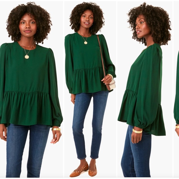 Tuckernuck Tops - Tuckernuck Pomander Place Hunter Green Carlota Peplum Blouse Size L Forest Fairy